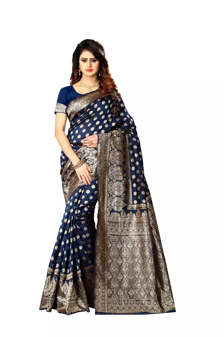 Navy Blue Woven Art Silk Saree With Blouse
