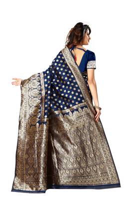 Navy Blue Woven Art Silk Saree With Blouse 3