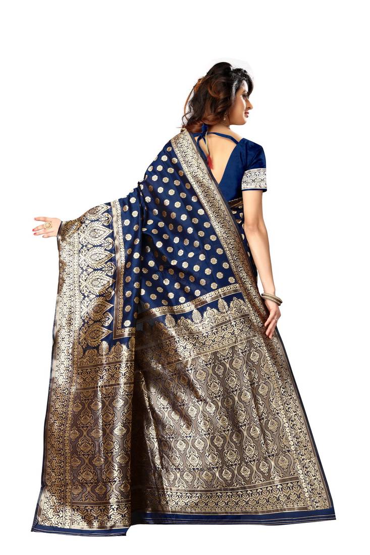 Navy Blue Woven Art Silk Saree With Blouse