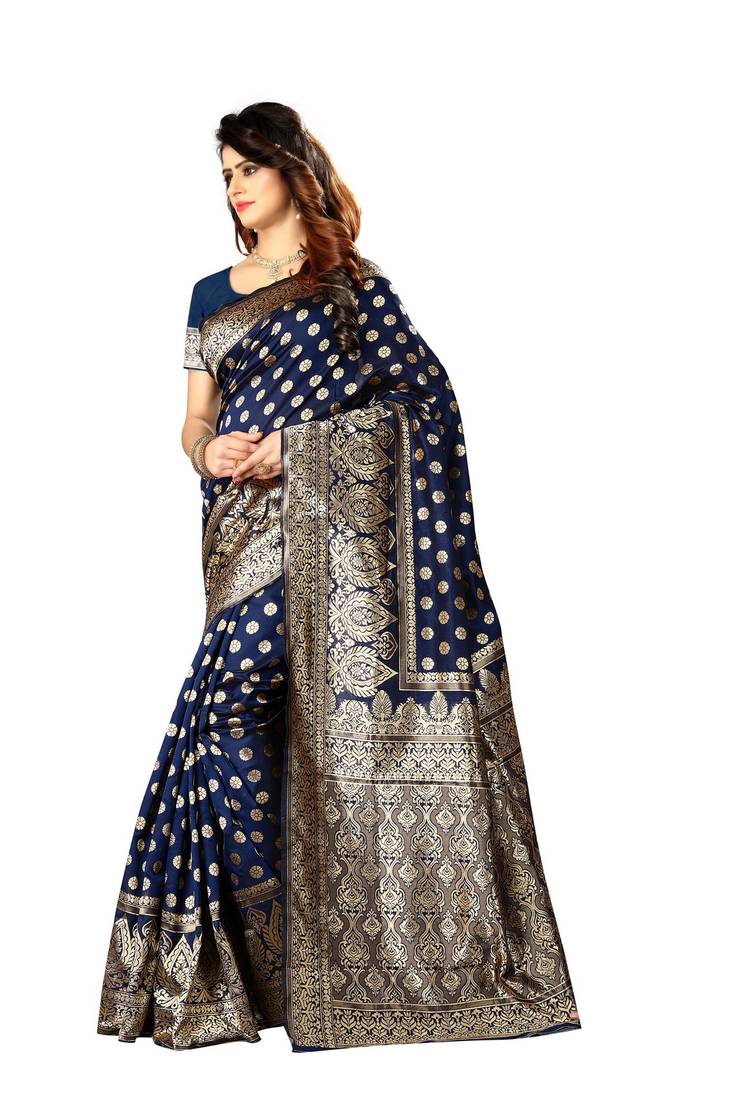Navy Blue Woven Art Silk Saree With Blouse