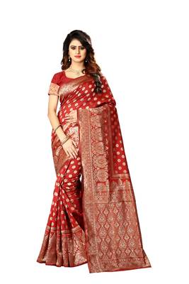 Red Woven Art Silk Saree With Blouse 1