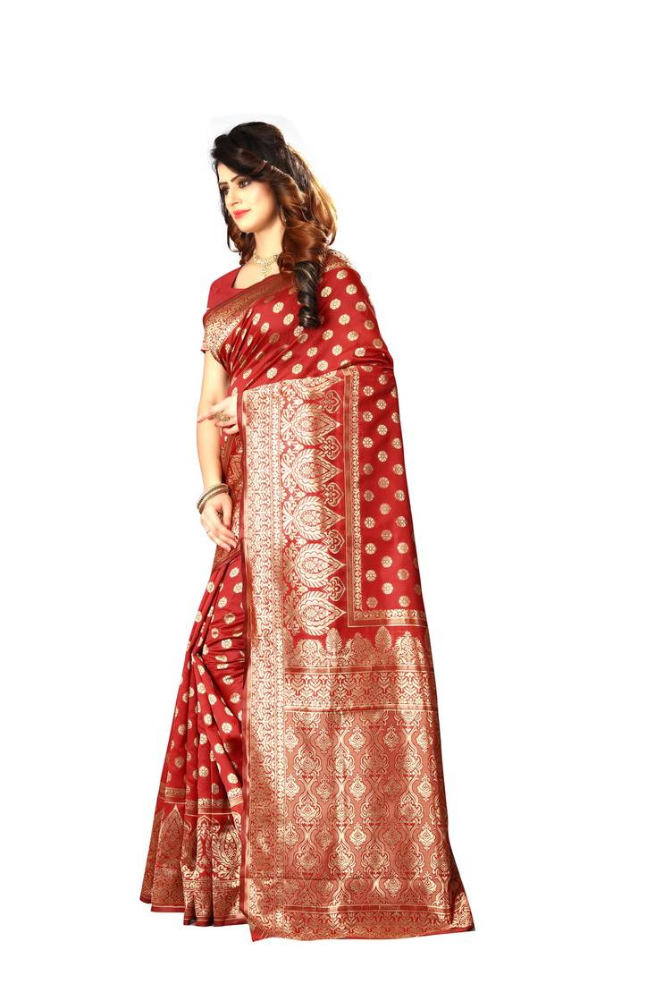 Red Woven Art Silk Saree With Blouse