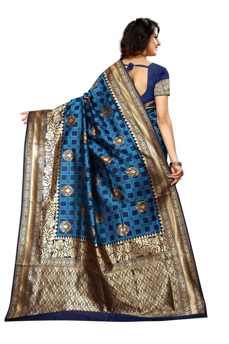 Navy Blue Woven Art Silk Saree With Blouse