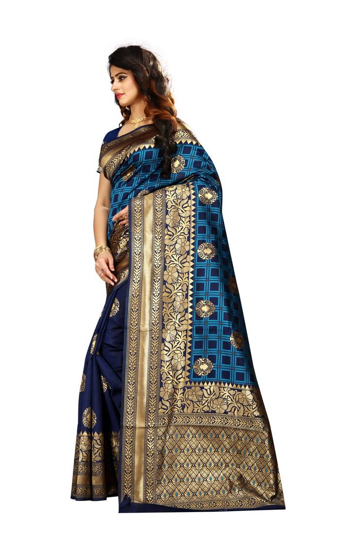 Navy Blue Woven Art Silk Saree With Blouse