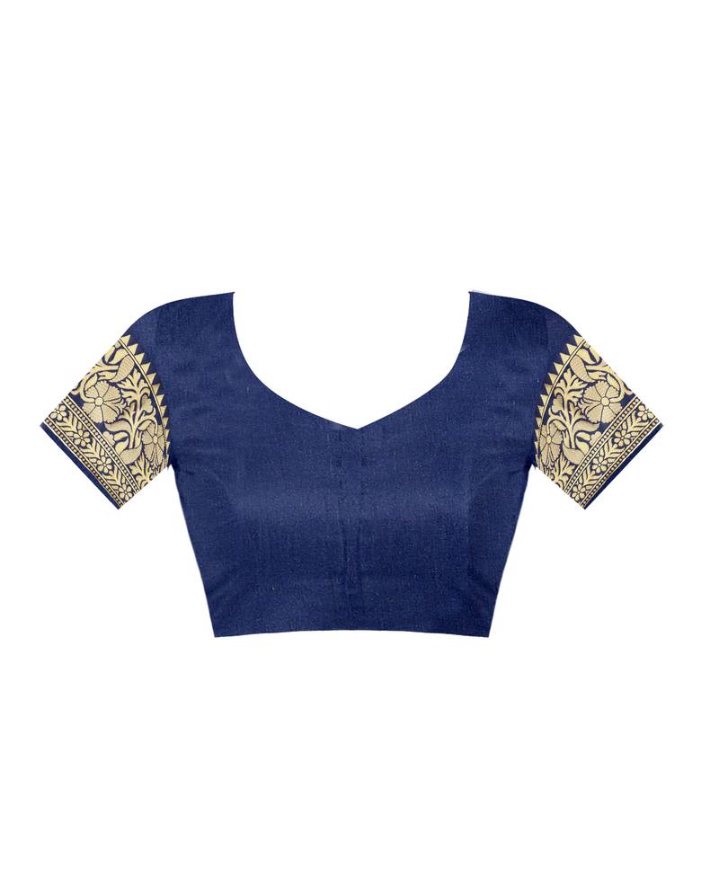 Navy Blue Woven Art Silk Saree With Blouse
