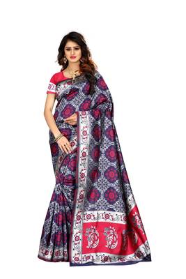Navy Blue Woven Banarasi Silk Saree With Blouse 1