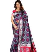 Navy Blue Woven Banarasi Silk Saree With Blouse