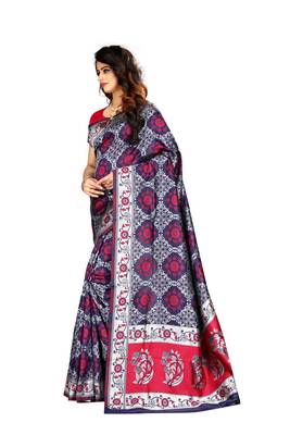 Navy Blue Woven Banarasi Silk Saree With Blouse 3