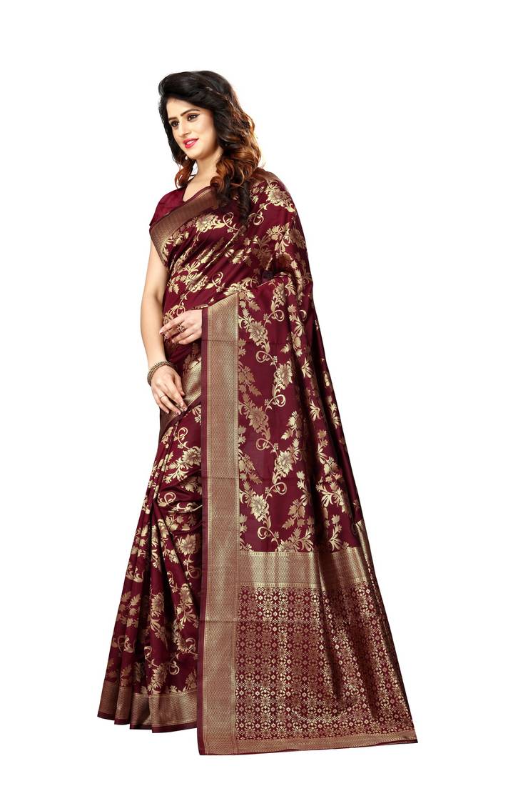 Maroon Woven Art Silk Saree With Blouse