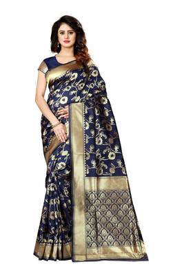 Navy Blue Woven Art Silk Saree With Blouse 1