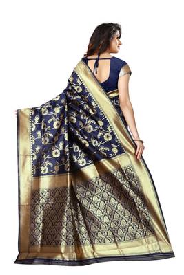 Navy Blue Woven Art Silk Saree With Blouse 2