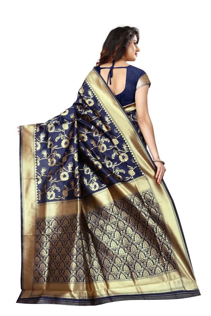 Navy Blue Woven Art Silk Saree With Blouse
