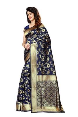 Navy Blue Woven Art Silk Saree With Blouse 3
