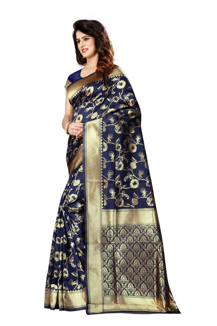 Navy Blue Woven Art Silk Saree With Blouse