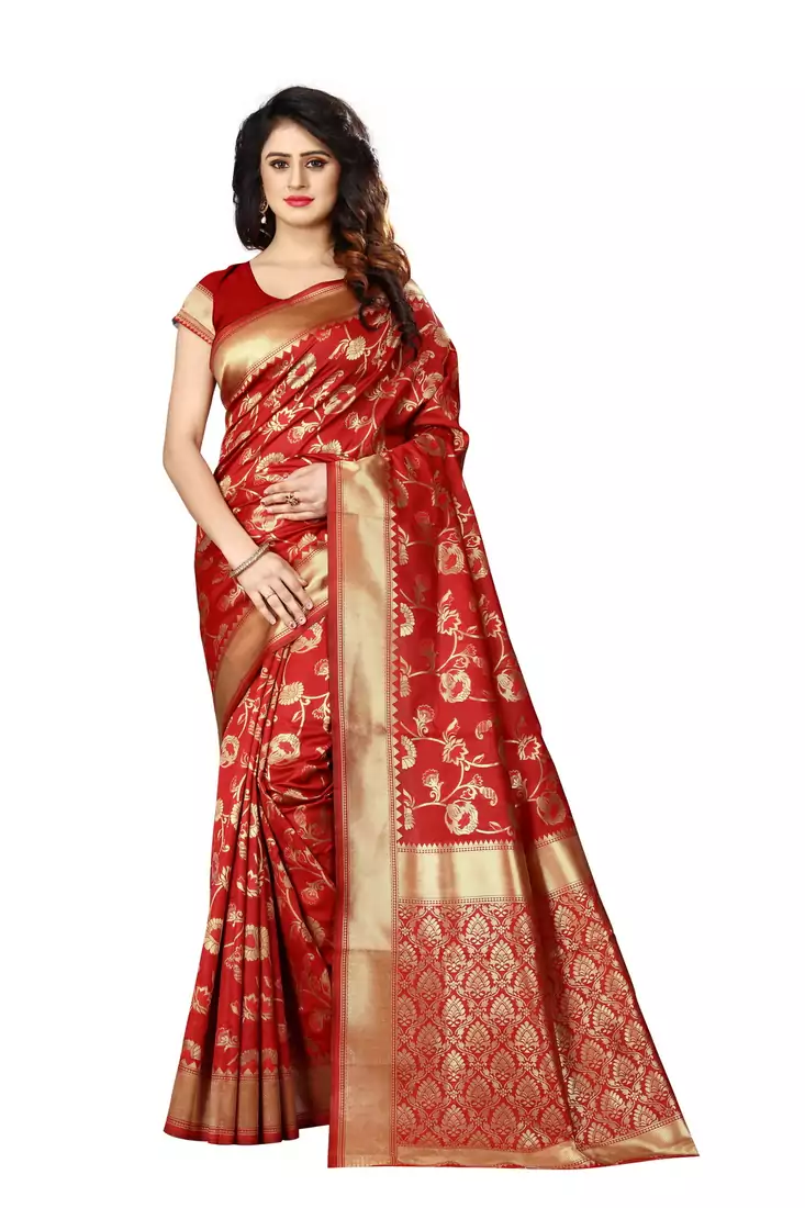 Red Woven Art Silk Saree With Blouse