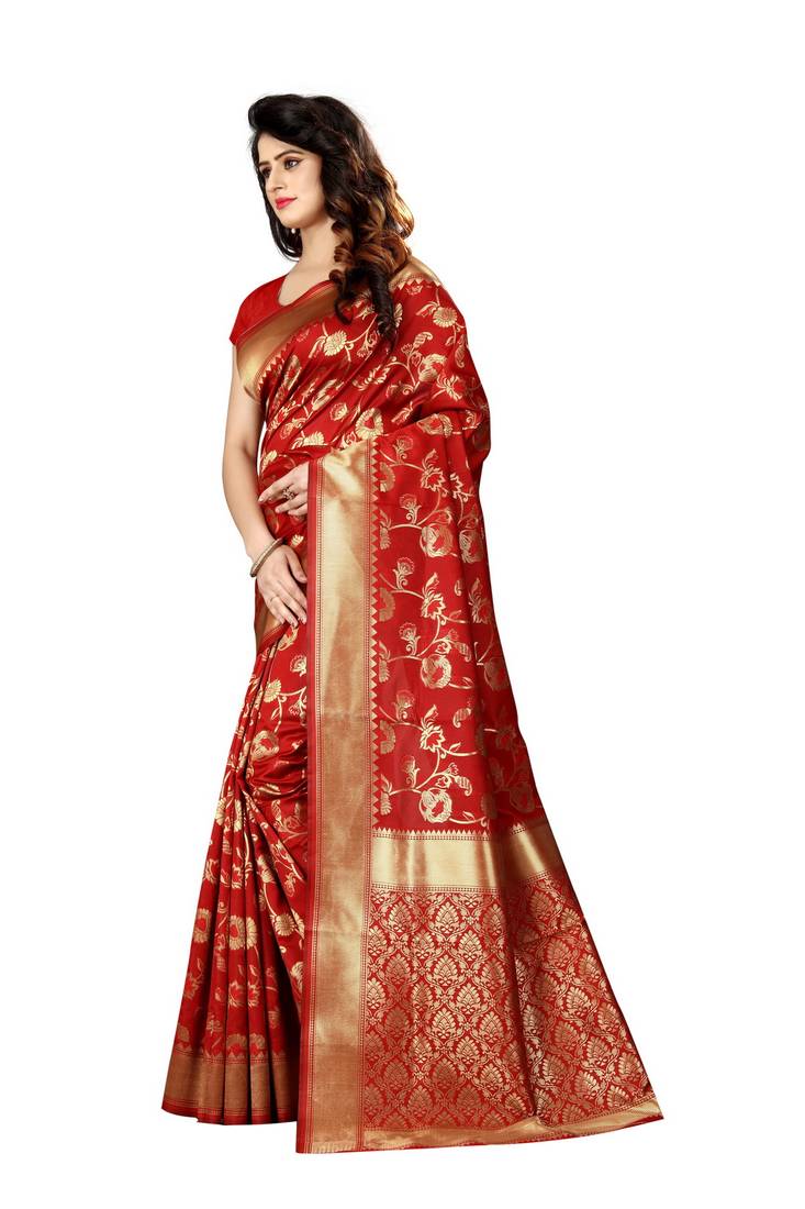 Red Woven Art Silk Saree With Blouse
