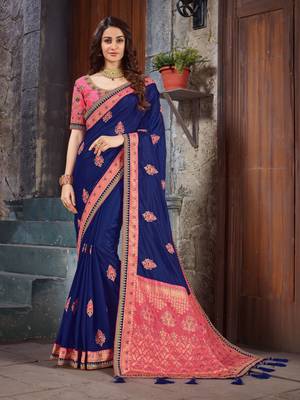 Blue embroidered art silk saree with blouse 1