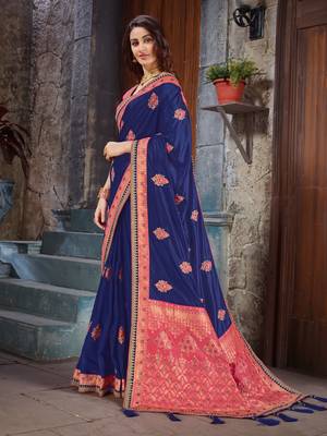 Blue embroidered art silk saree with blouse 2
