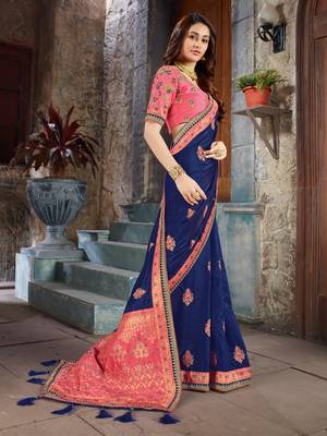 Blue embroidered art silk saree with blouse 3