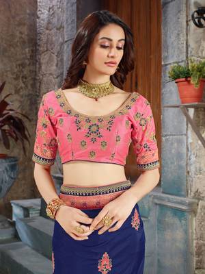 Blue embroidered art silk saree with blouse 4