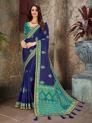 Blue embroidered art silk saree with blouse 1