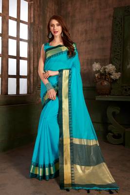 Blue Hand Woven Cotton Silk Saree With Blouse 1