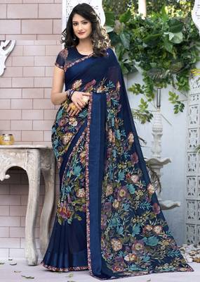 blue printed georgette saree with blouse 1