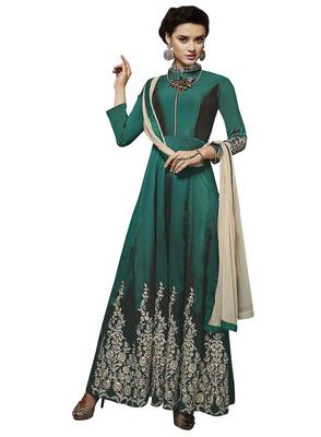 Green Embroidered Taffeta Stitched Salwar With Dupatta 1