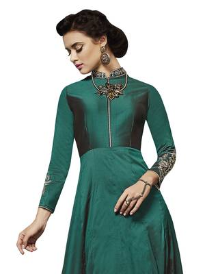 Green Embroidered Taffeta Stitched Salwar With Dupatta 2