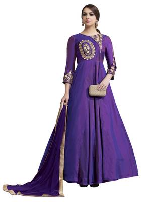 Purple Embroidered Taffeta Stitched Salwar With Dupatta 1