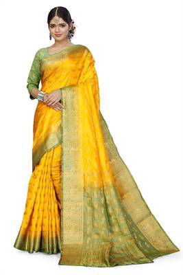 Yellow woven banarasi silk saree with blouse 1