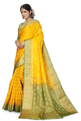 Yellow woven banarasi silk saree with blouse 2