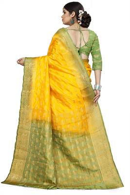 Yellow woven banarasi silk saree with blouse 3