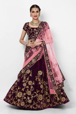 purple embroidered velvet bridal lehenga set choli with dupatta 1
