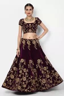 purple embroidered velvet bridal lehenga set choli with dupatta
