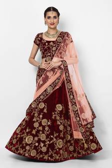 Amazing Maroon Colored Embroidered Velvet Designer Bridal Lehenga Choli For Wedding