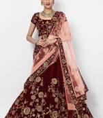 Amazing Maroon Colored Embroidered Velvet Designer Bridal Lehenga Choli For Wedding
