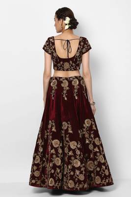 Amazing Maroon Colored Embroidered Velvet Designer Bridal Lehenga Choli For Wedding 3