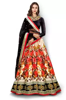 Impressive Multicolor Floral Print Embroidered Silk Designer Lehenga Choli For Wedding