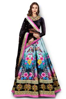 Classy Multicolor Floral Print Embroidered Silk Designer Lehenga Choli For Wedding