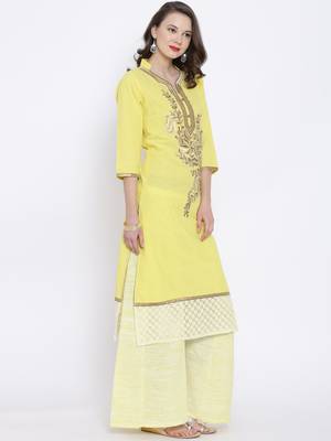 Yellow plain linen kurta sets 3
