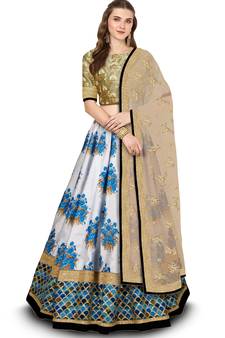 Off-White Botanical Floral Print Designer Semi Stitched Lehenga Choli For Wedding