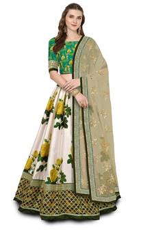 Off-White Colored Yellow Rose Printed Embroidered Art Silk Designer Lehenga Choli For Wedding