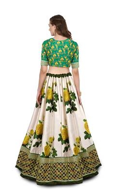 off white yellow rose printed embroidered art silk lehenga set choli with dupatta 2