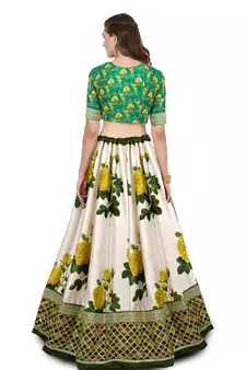 off white yellow rose printed embroidered art silk lehenga set choli with dupatta