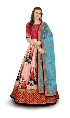 rose pink digital print embroidered art silk lehenga set choli with dupatta 1