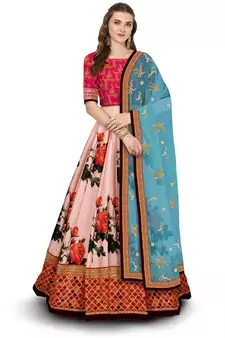 Rose Pink Colored Digital Print Embroidered Art Silk Designer Lehenga Choli For Wedding