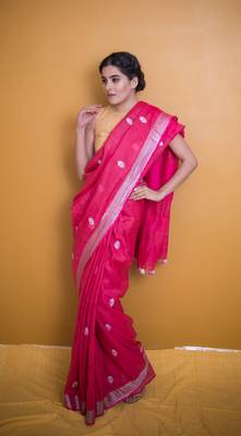 Dark Rose Pink Saree with Pom Poms In Khadi Linen 1