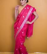 Dark Rose Pink Saree with Pom Poms In Khadi Linen