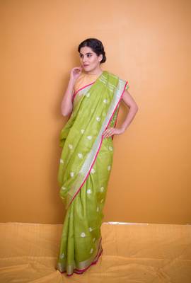 Light Leafy Green Saree With Pink Pom Poms In Khadi Linen 1
